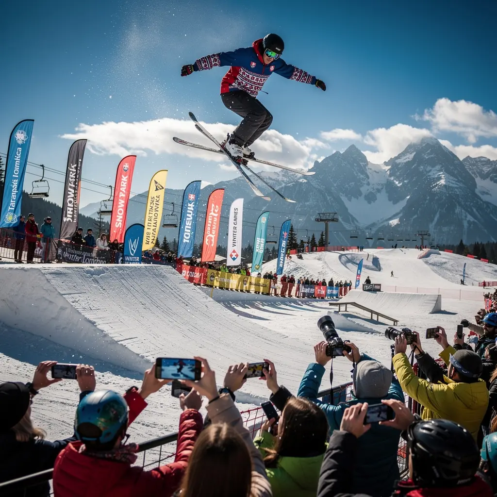 A panoramic view of a snowy ski resort in Slovakia, showcasing skiers gliding down the slopes against a backdrop of majestic mountains.
