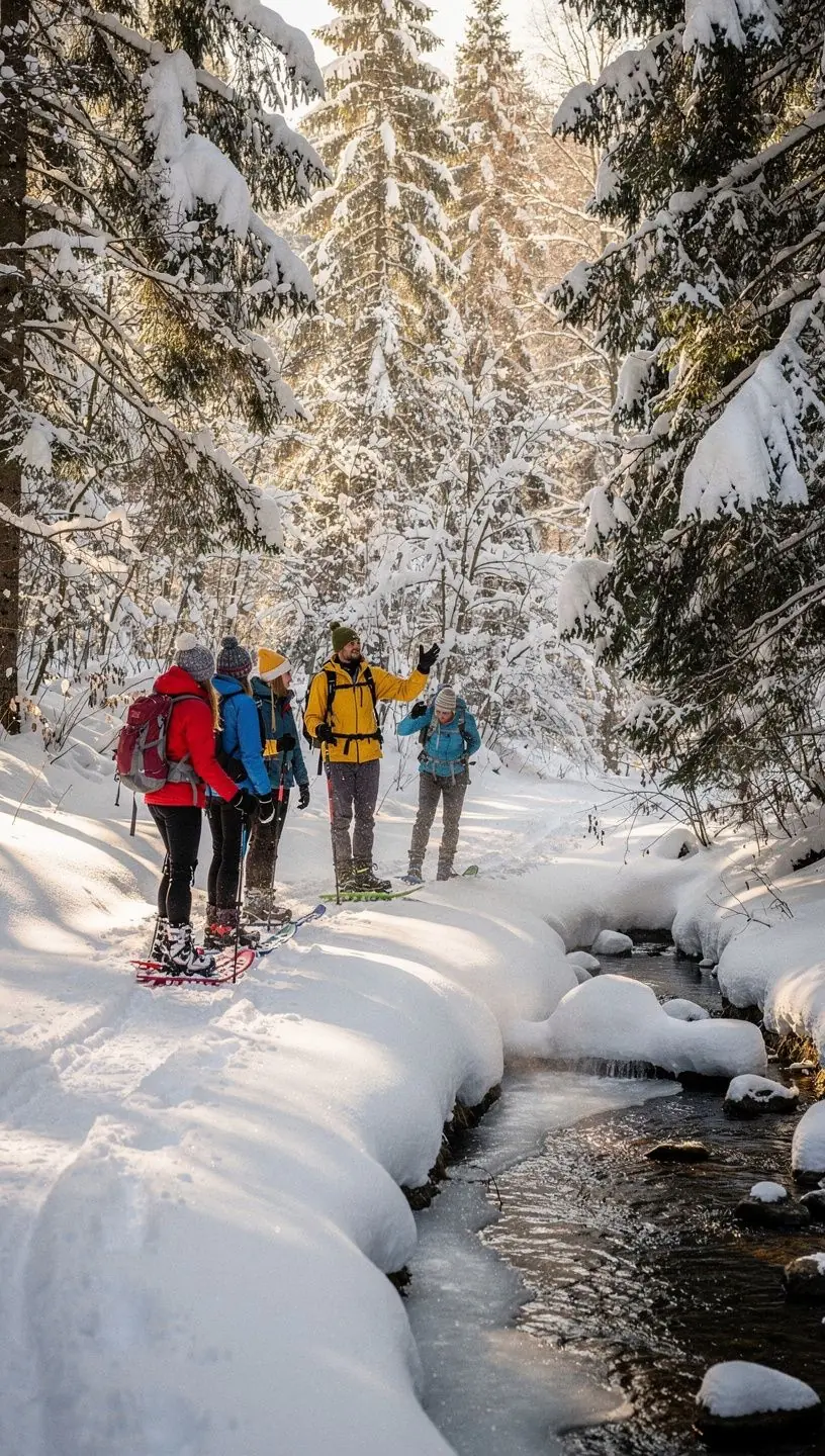 A group of snowboarders performing tricks on a half-pipe in a lively snowboarding area surrounded by pine trees.