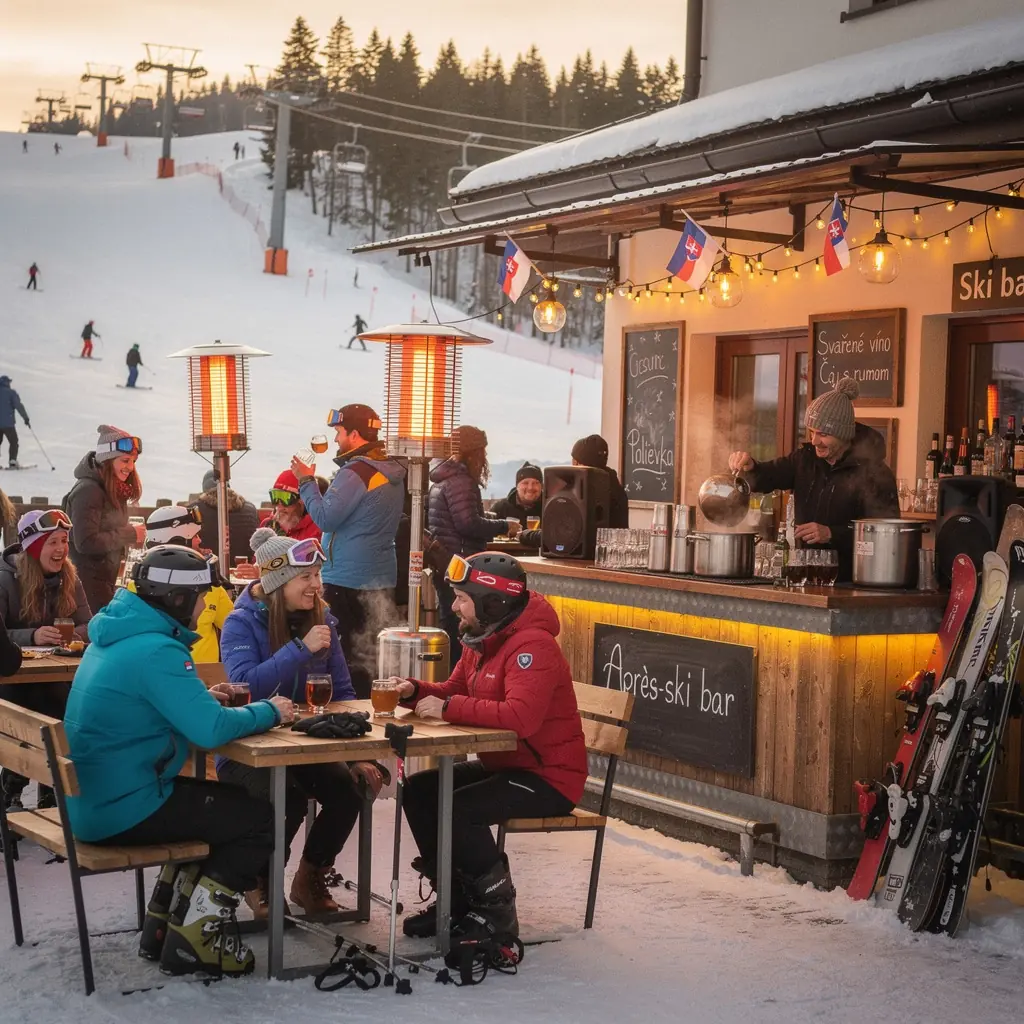 Families enjoying a winter hike along a scenic trail, with snow-covered landscapes and frozen lakes in the distance.